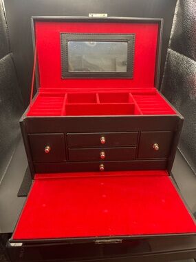 Harley-Davidson Black Jewelry Box Red Velvet Lined Mirror Organizer Chest